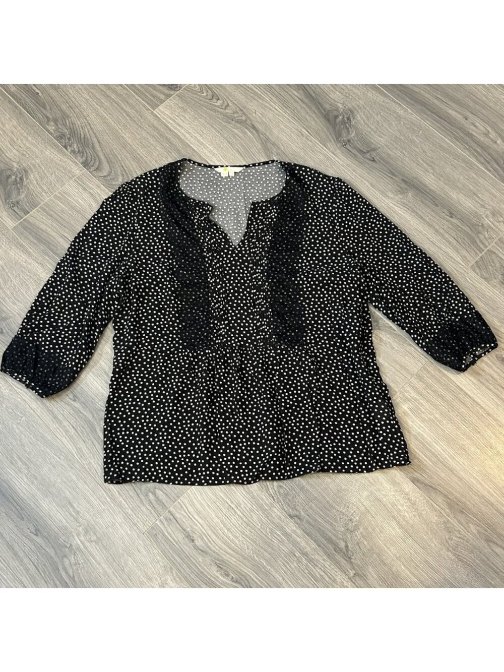Boden Blouse Womens 12 Black White Polka Dot Lace Ruffle V Neck 3/4 Sleeve Top